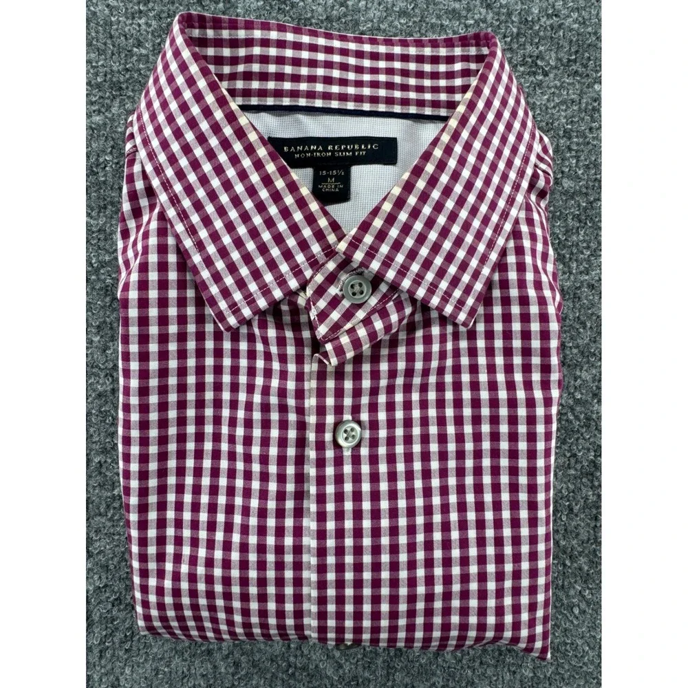 Banana Republic Button Down L/S Men M Classic Cotton Slim Fit Burgundy Gingham‎
